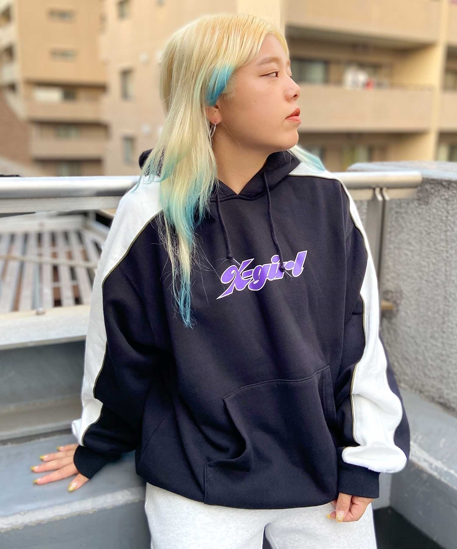 X-GIRL/エックスガール  CONTRAST COLOR SWEAT HOODIE レディース プルオーバー パーカー 105233012022(BLACK-M)