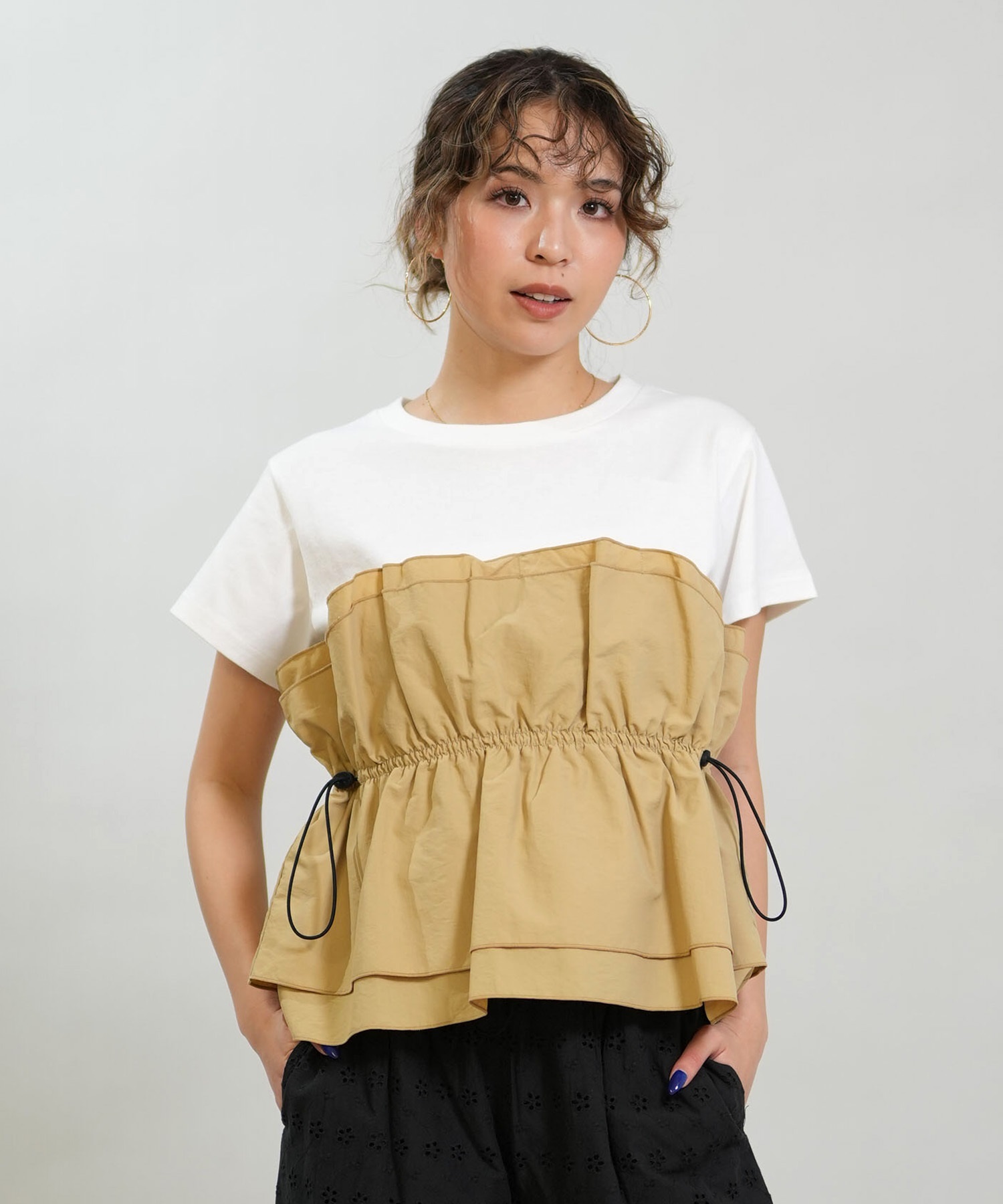 RIKKA FEMME リッカファム 半袖 Tシャツ レディース ドロスト ギャザー ドッキングカットソー RF6S-2106(BEG-FREE)