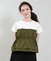 RIKKA FEMME リッカファム 半袖 Tシャツ レディース ドロスト ギャザー ドッキングカットソー RF6S-2106(KHA-FREE)