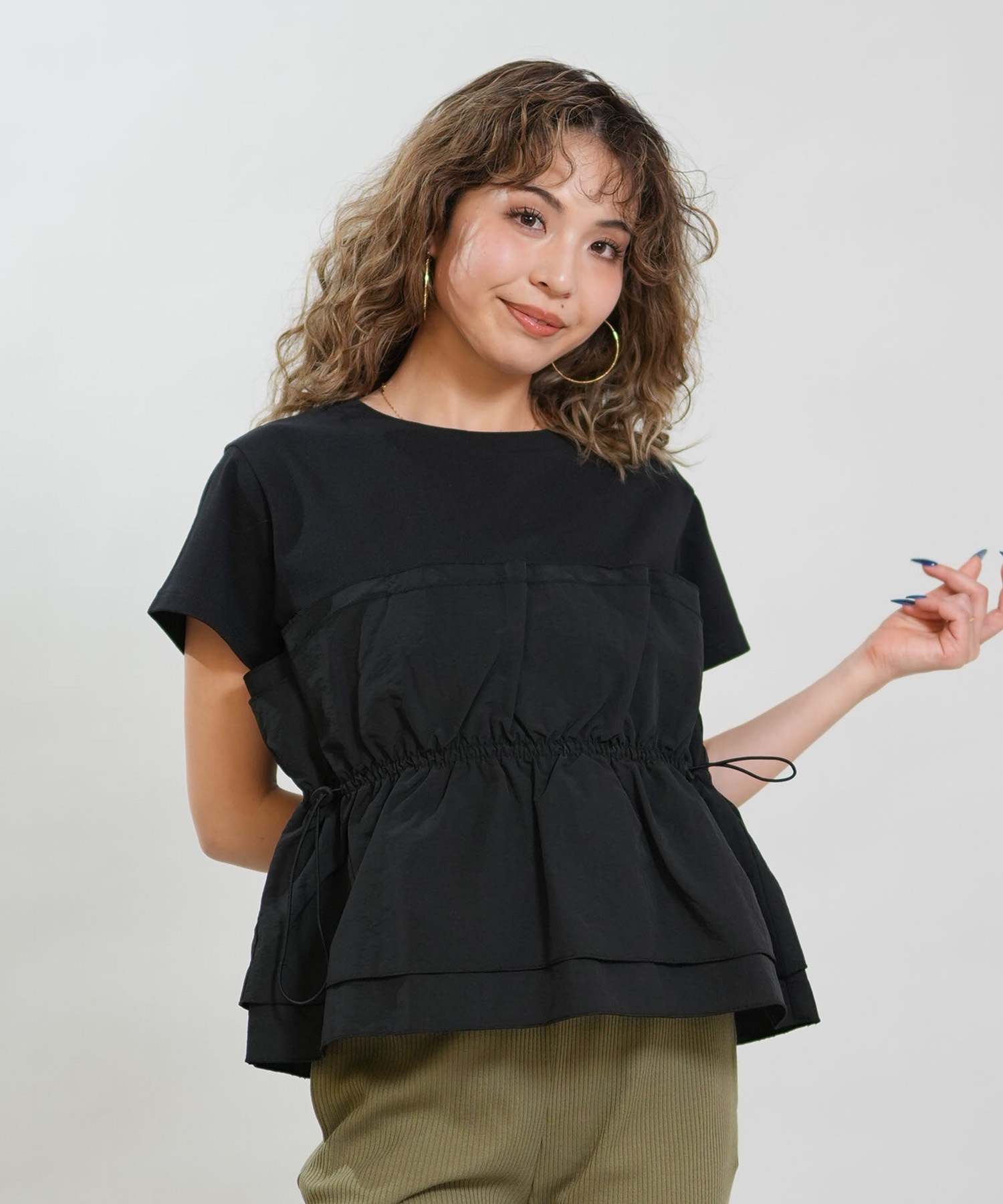 RIKKA FEMME リッカファム 半袖 Tシャツ レディース ドロスト ギャザー ドッキングカットソー RF6S-2106(BEG-FREE)