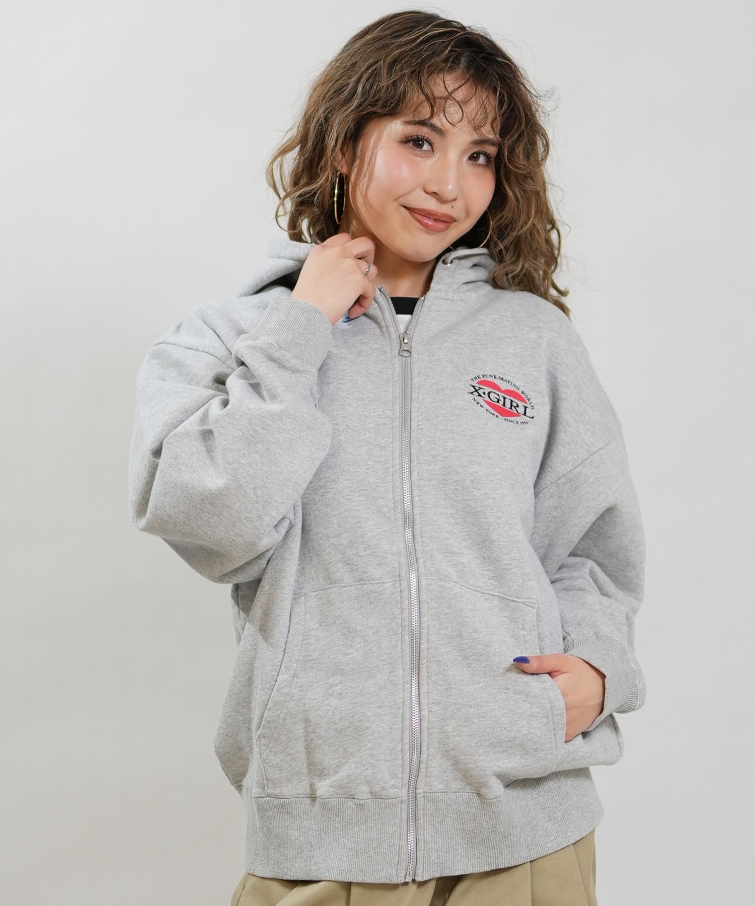 X-GIRL エックスガール ジップアップ パーカー レディース オーバーサイズ HEART LG ZIP SWT HD 105254012028(BLACK-S)