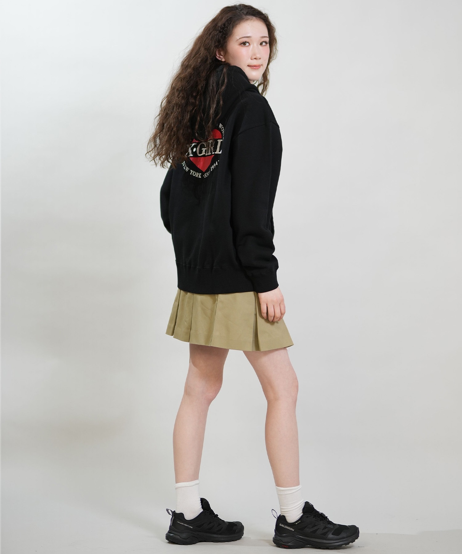 X-GIRL エックスガール ジップアップ パーカー レディース オーバーサイズ HEART LG ZIP SWT HD 105254012028(BLACK-S)