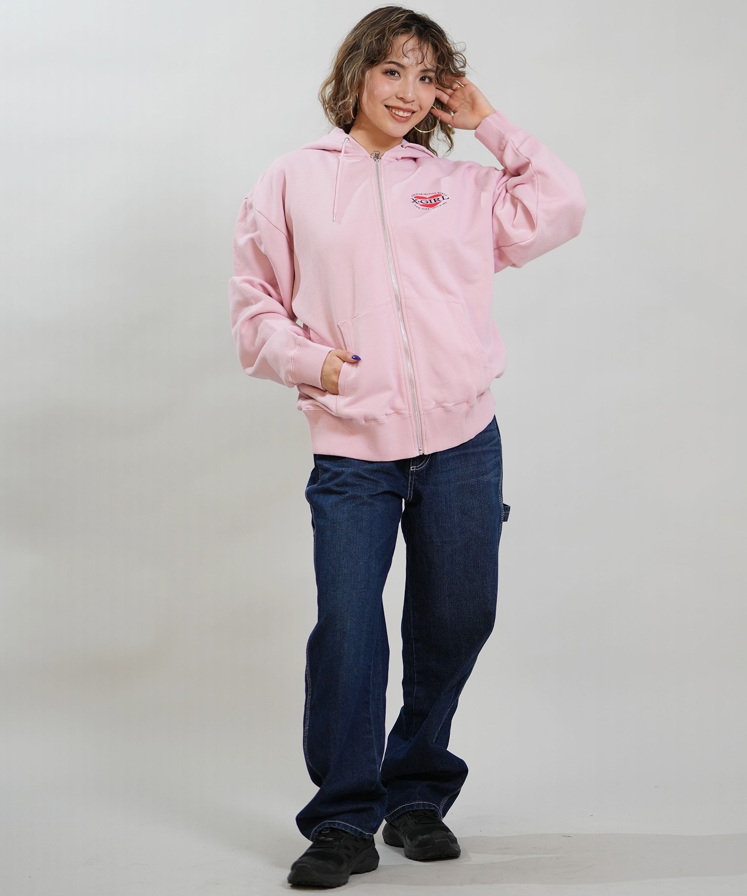 X-GIRL エックスガール ジップアップ パーカー レディース オーバーサイズ HEART LG ZIP SWT HD 105254012028(BLACK-S)