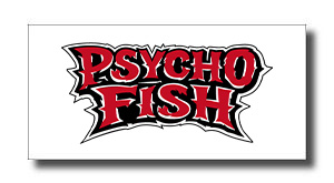 Psycho Fish logo: bold red letters with black and white outline on a light background