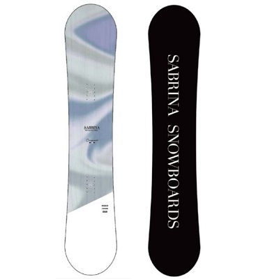 Two snowboards standing upright side by side: left with a light blue marbled graphic, right is black with vertical white text 'SABRINA SNOWBOARDS'.