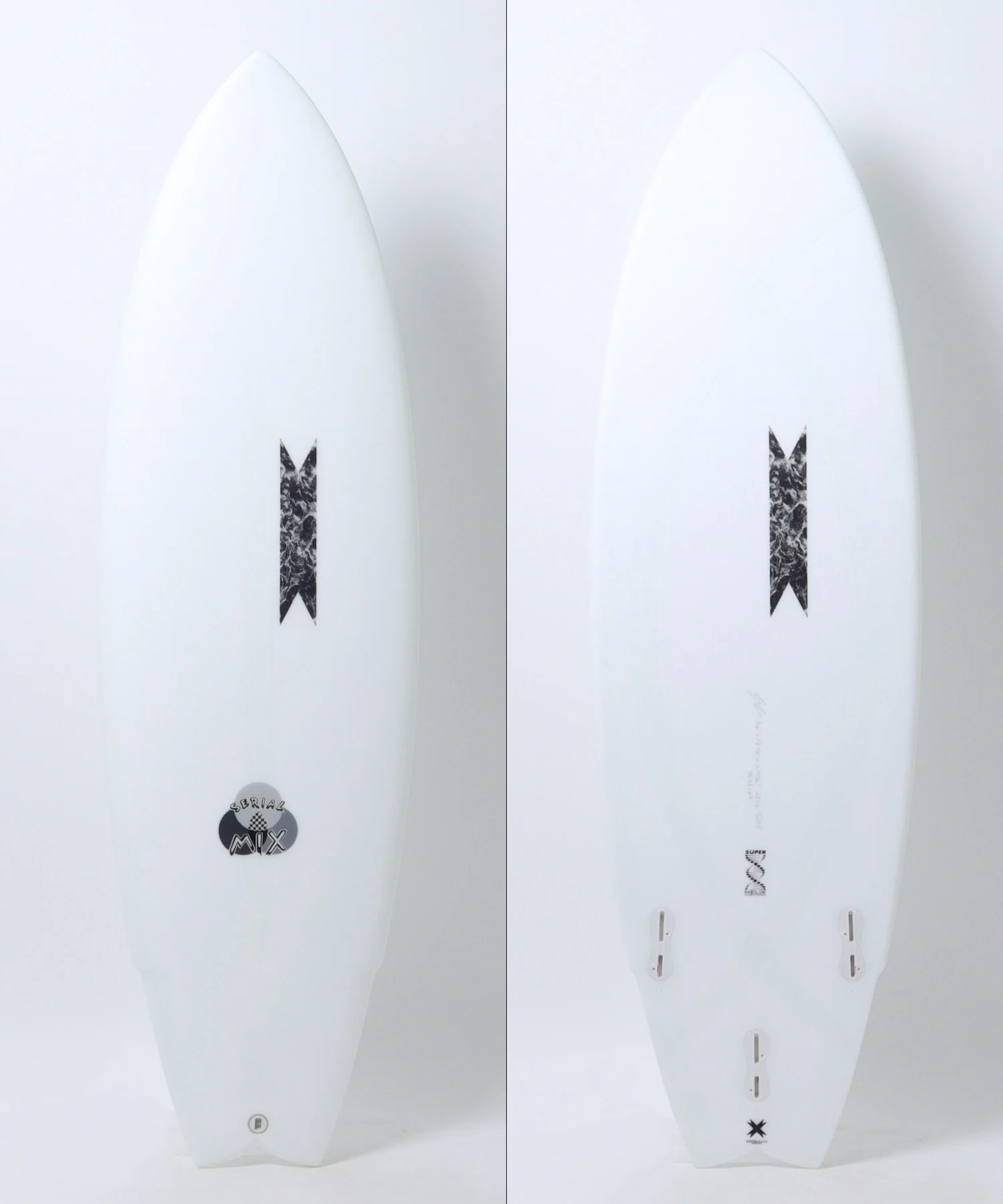 Front and back views of a white surfboard: left side shows the deck with a circular logo near the tail; right side shows the bottom with fin boxes visible.