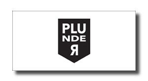 PLUNDER logo: white letters on a black shield centered on a white background
