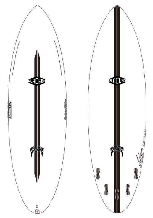 Pair of white surfboards with a bold vertical black stripe and Placebo logo; left board has single center fin area, right board shows multiple fins attached along the bottom edge.