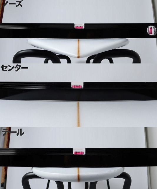 b-HbR7D4Dg - SHOP NEWS | ムラサキスポーツオンラインストア 通販 Image shows a white curved object with an orange center line framed by black rails and pink clips, with labels in Japanese marking the nose, center, and tail sections for alignment.