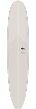 White surfboard with a brown center stringer and a small black logo near the middle.