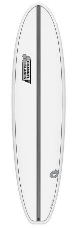 image - SHOP NEWS | ムラサキスポーツオンラインストア 通販 White surfboard viewed from above with a central dark stringer, brand logo toward the nose, and a small gray emblem near the tail.