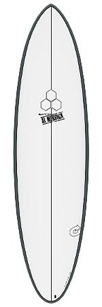 image - SHOP NEWS | ムラサキスポーツオンラインストア 通販 White shortboard surfboard with a dark rim, central stringer, a hexagon logo, and a small brand sticker near the tail.