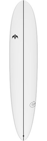 image - SHOP NEWS | ムラサキスポーツオンラインストア 通販 White surfboard viewed from above with a black center stringer and small logos near the nose and tail.