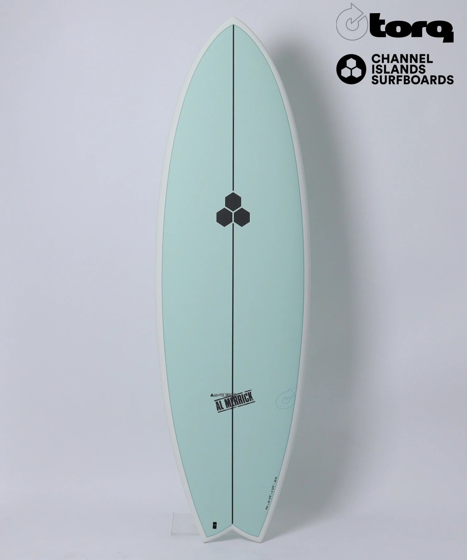 image - SHOP NEWS | ムラサキスポーツオンラインストア 通販 Mint-green surfboard standing vertically with a white edge, centered against a light background, logos in the top-right corner (Torq and Channel Islands Surfboards).