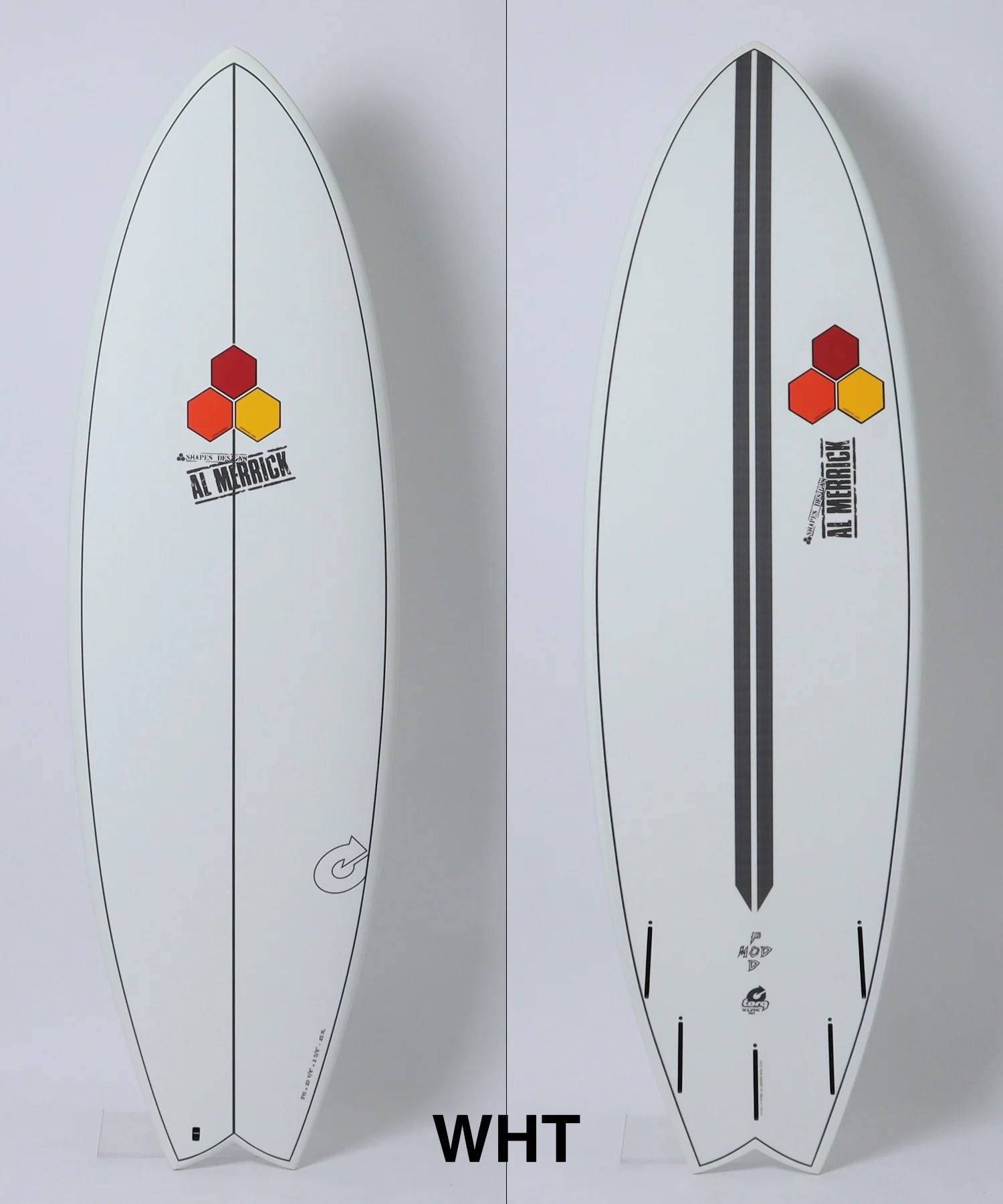image - SHOP NEWS | ムラサキスポーツオンラインストア 通販 Two white surfboards shown side by side: one with a thin vertical line and a small hexagon logo in red, orange, and yellow near the center; the other with a thick vertical stripe down the middle and the same hexagon logo, plus additional small logos near the tail.