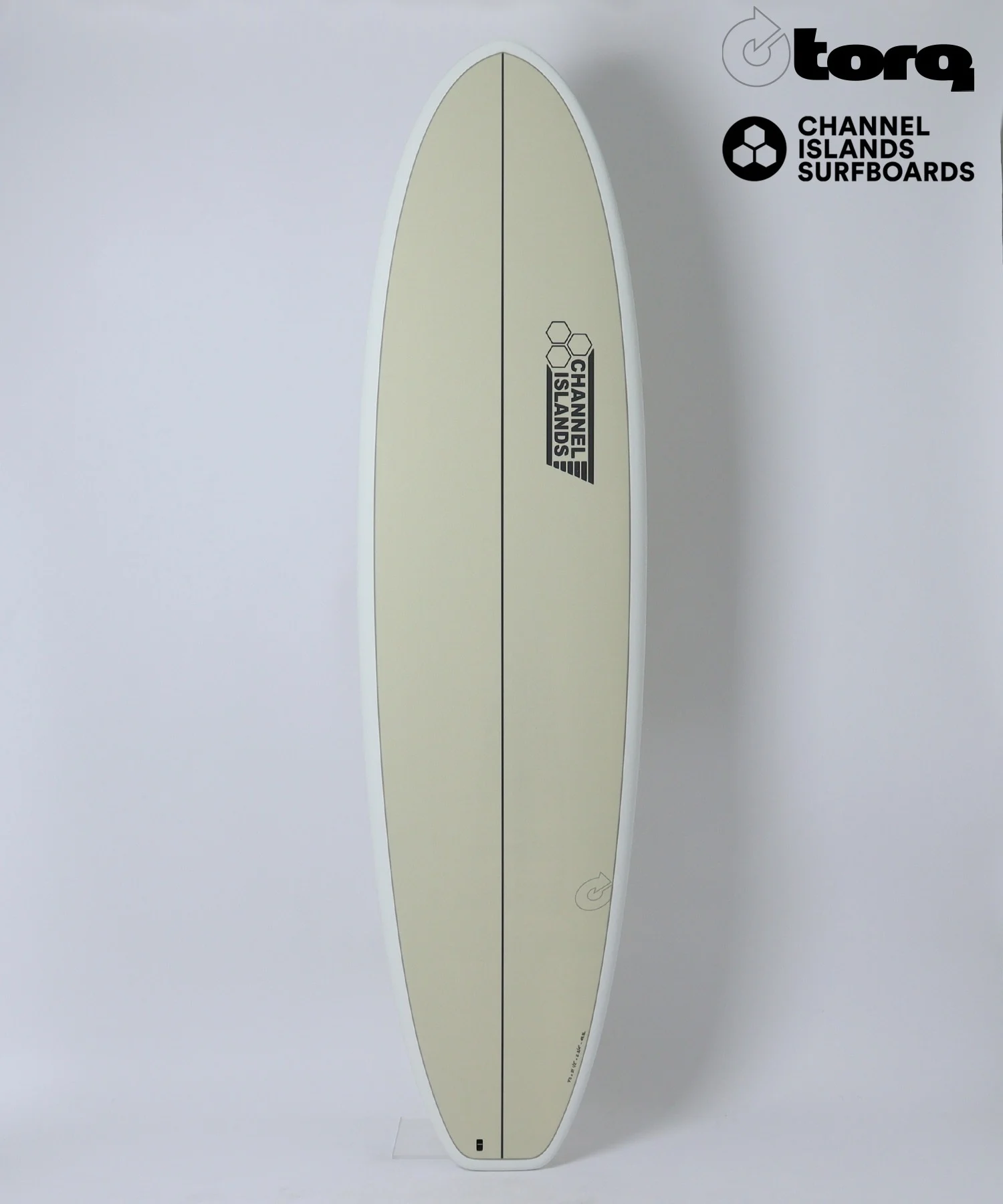 image - SHOP NEWS | ムラサキスポーツオンラインストア 通販 Beige longboard surfboard standing upright with a black center seam and Channel Islands Surfboards logo on the right.