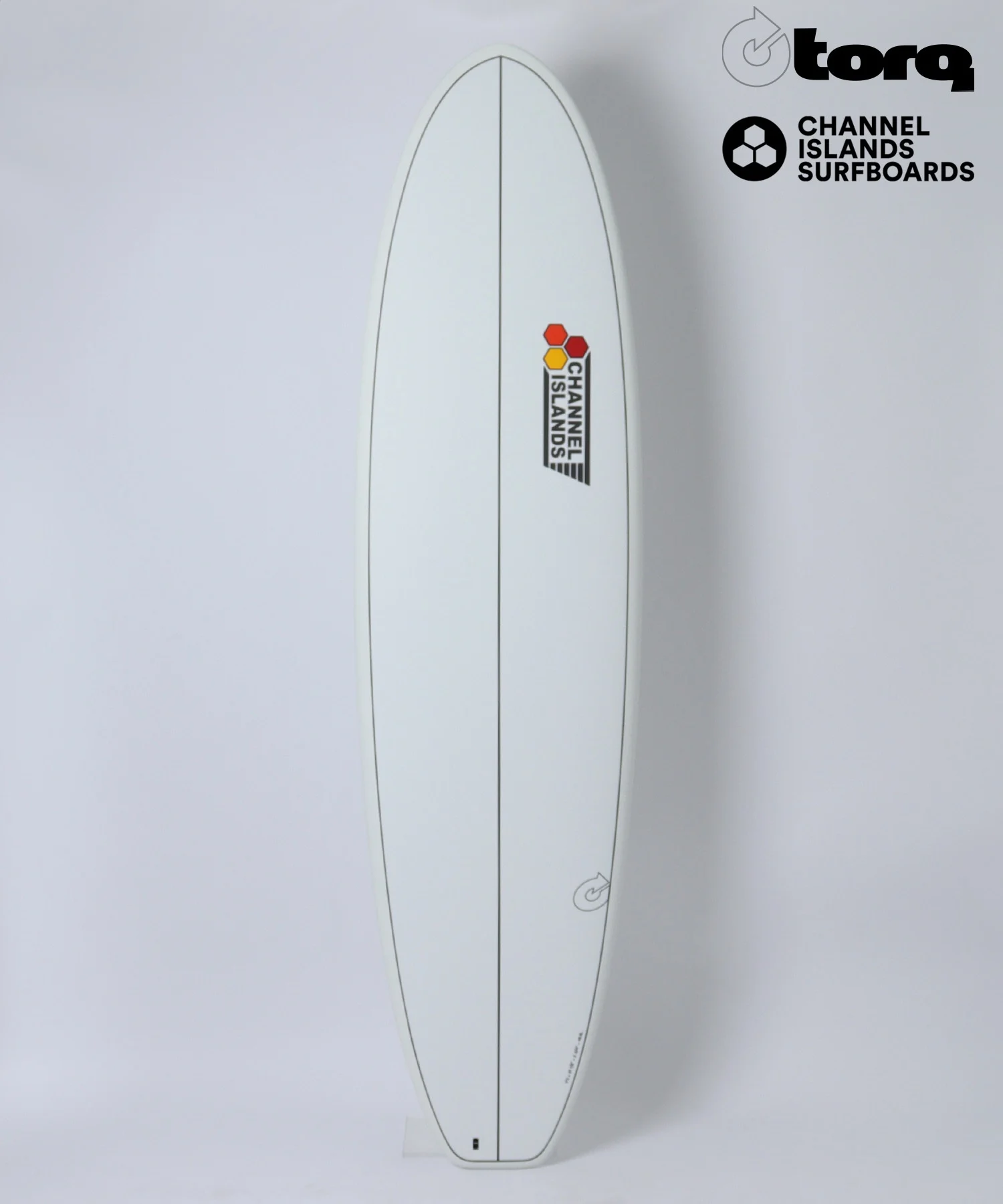 image - SHOP NEWS | ムラサキスポーツオンラインストア 通販 White vertical surfboard with Channel Islands Surfboards logo on the right half and Torq logo in the top-right corner against a pale background.
