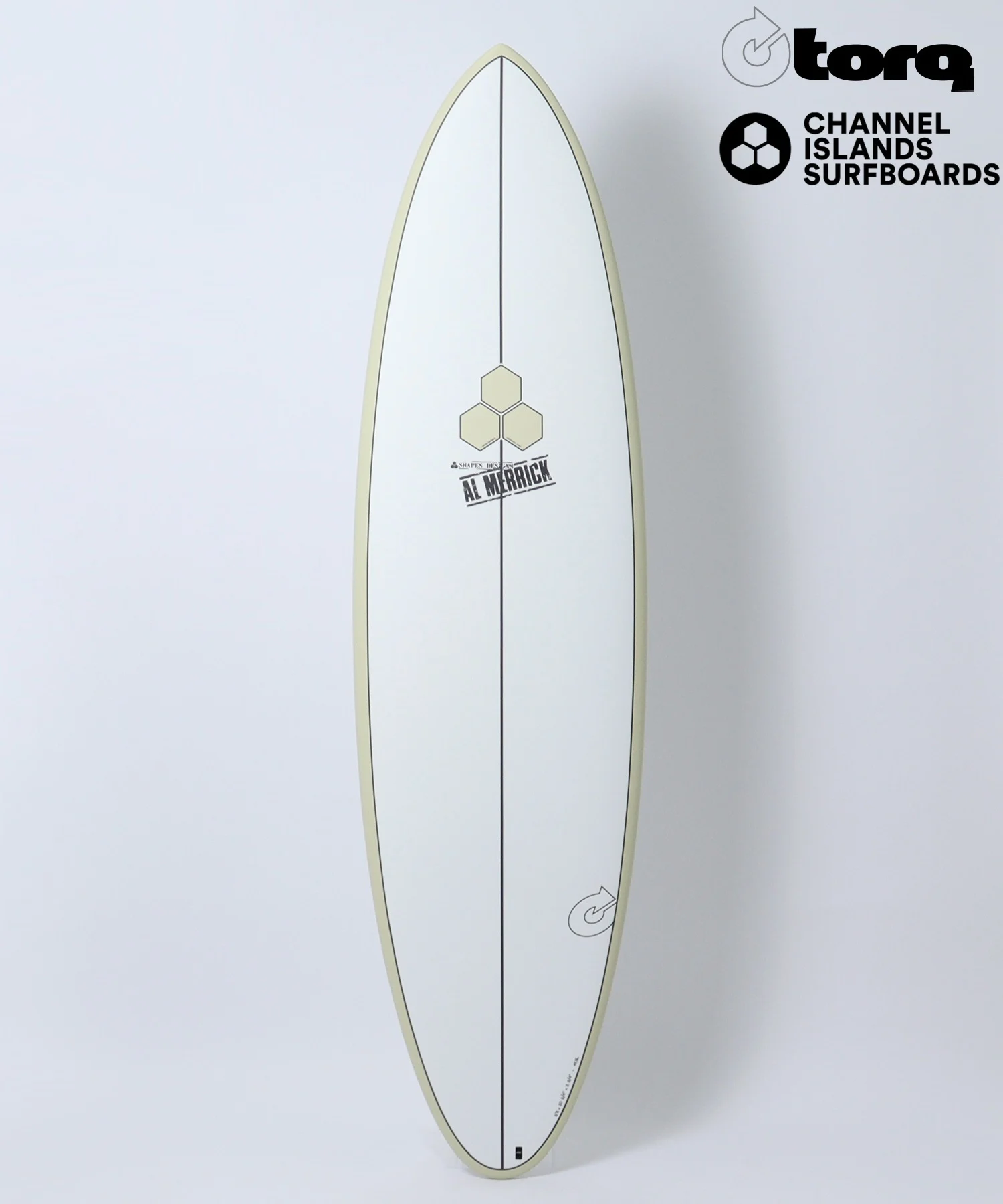 image - SHOP NEWS | ムラサキスポーツオンラインストア 通販 White surfboard standing upright with a pale border; center logo of hexagonal shapes and 'AL MERRICK' stamp, logos 'torq' and 'Channel Islands Surfboards' in the top-right corner