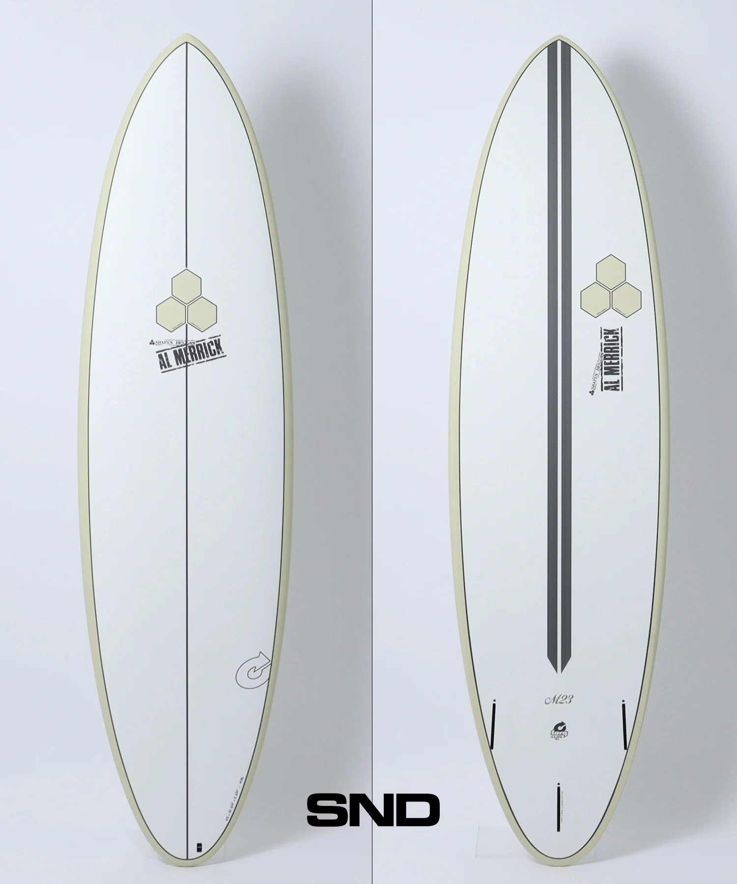 image - SHOP NEWS | ムラサキスポーツオンラインストア 通販 Split image of a white surfboard with pale yellow edge; left view shows three hexagons logo and 'AL MERRICK', right view shows a dark central stripe and hexagon logo on the back edge.