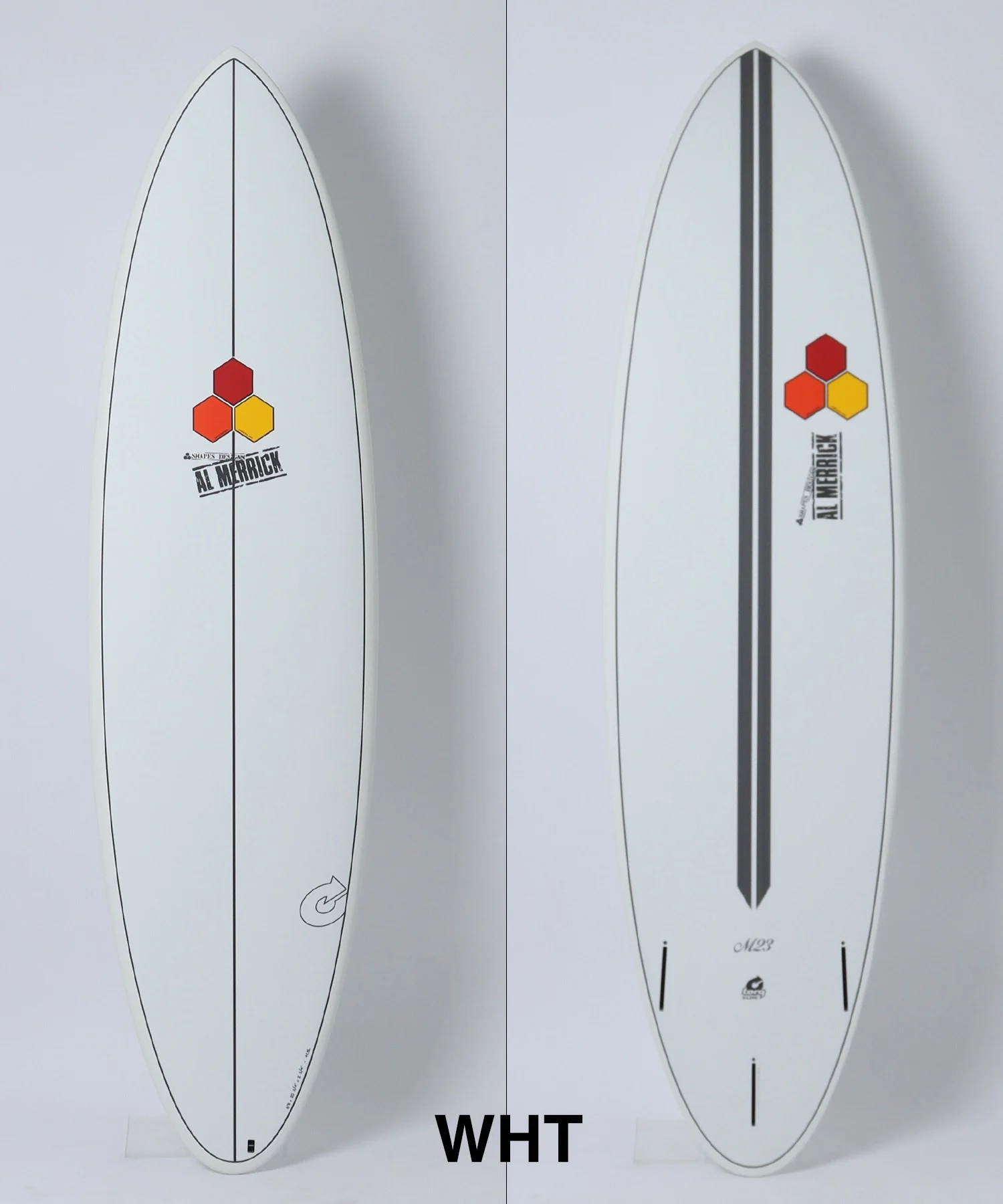 image - SHOP NEWS | ムラサキスポーツオンラインストア 通販 Front and back views of a white surfboard with a red-yellow-orange hexagon logo near the lower center and 'AL MERRICK' branding; features a black center stringer.