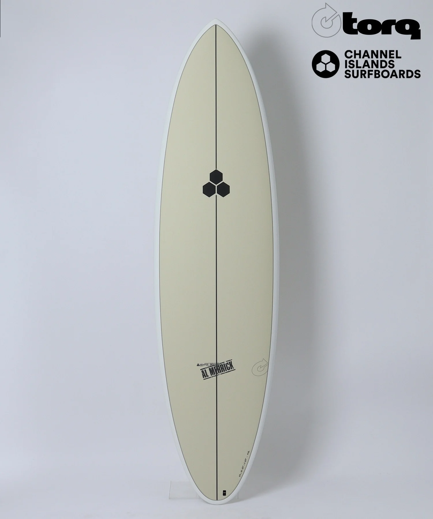 image - SHOP NEWS | ムラサキスポーツオンラインストア 通販 Beige surfboard standing upright with a black center stringer and a small hexagon emblem in the middle; Torq and Channel Islands Surfboards logos appear in the upper right corner.
