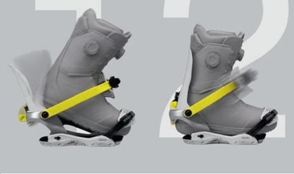 Pair of gray snowboard bindings with yellow straps on a light gray background