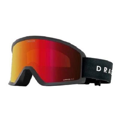 Snow goggles with orange-to-red mirrored lens and a black strap.
