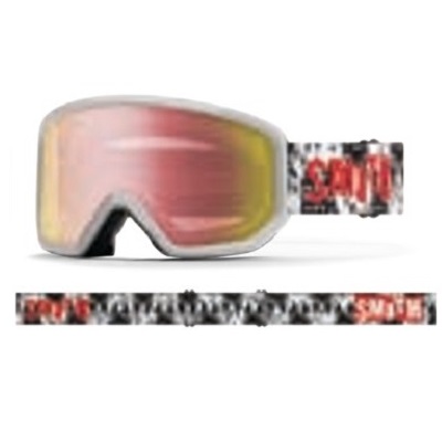Snow ski goggles with pink mirrored lenses and a patterned strap.